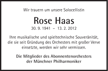 Traueranzeige von Rose Haas von Süddeutsche Zeitung