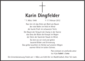 Traueranzeige von Karin Dingfelder von Süddeutsche Zeitung
