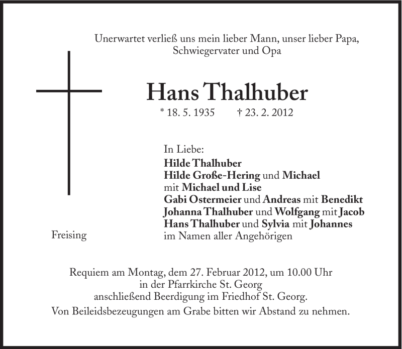  Traueranzeige für Hans Thalhuber vom 25.02.2012 aus Süddeutsche Zeitung