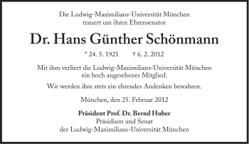 Traueranzeige von Hans Günther Schönmann von Süddeutsche Zeitung