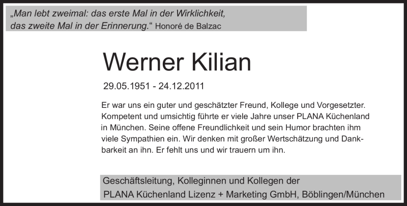  Traueranzeige für Werner Kilian vom 25.02.2012 aus Süddeutsche Zeitung