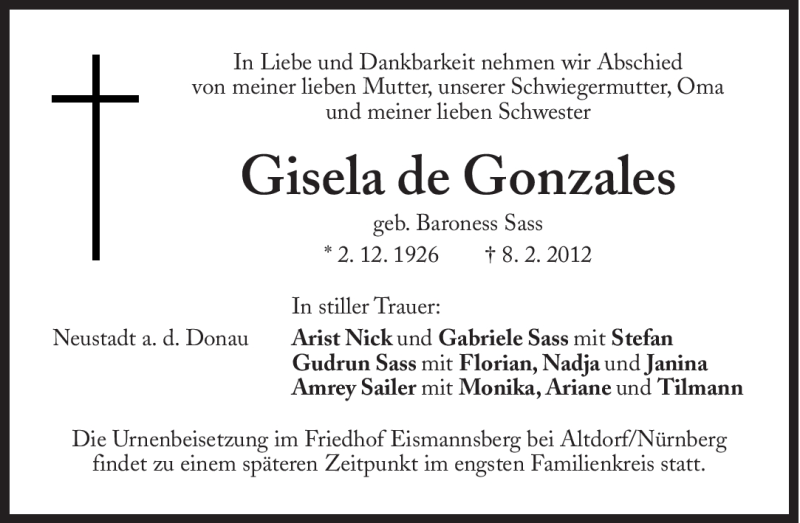  Traueranzeige für Gisela de Gonzales vom 25.02.2012 aus Süddeutsche Zeitung