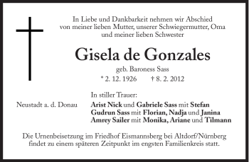 Traueranzeige von Gisela de Gonzales von Süddeutsche Zeitung