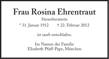 Traueranzeige von Rosina Ehrentraut von Süddeutsche Zeitung