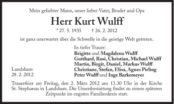 Traueranzeige von Kurt Wulff von Süddeutsche Zeitung