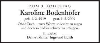 Traueranzeige von Karoline Bodenhöfer von Süddeutsche Zeitung