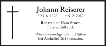 Traueranzeige von Johann Reiserer von Süddeutsche Zeitung
