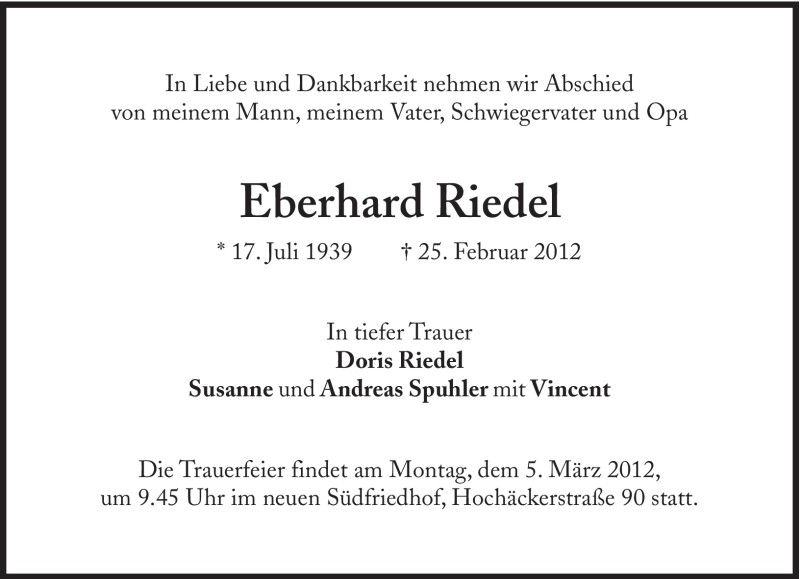  Traueranzeige für Eberhard Riedel vom 01.03.2012 aus Süddeutsche Zeitung