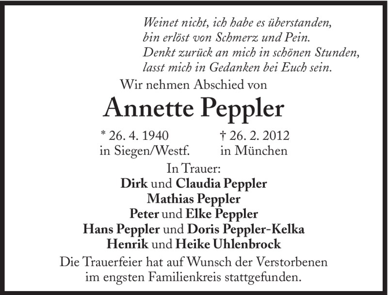  Traueranzeige für Annette Peppler vom 10.03.2012 aus Süddeutsche Zeitung