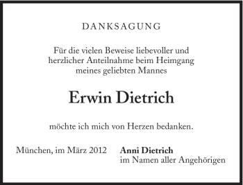 Traueranzeige von Erwin Dietrich von Süddeutsche Zeitung