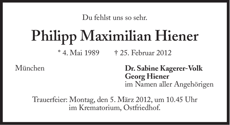  Traueranzeige für Philipp Maximilian Hiener vom 03.03.2012 aus Süddeutsche Zeitung