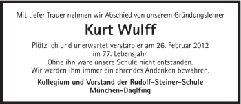 Traueranzeige von Kurt Wulff von Süddeutsche Zeitung