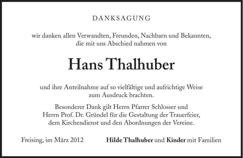 Traueranzeige für Hans Thalhuber vom 05.03.2012 aus Süddeutsche Zeitung