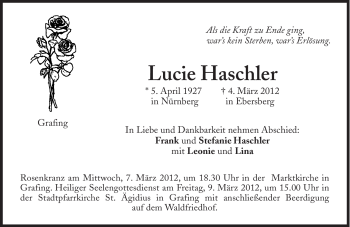 Traueranzeige von Lucie Haschler von Süddeutsche Zeitung