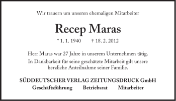 Traueranzeige von Recep Maras von Süddeutsche Zeitung