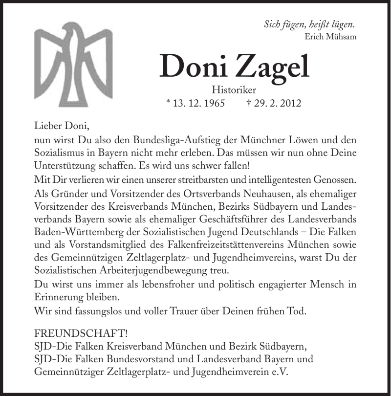  Traueranzeige für Doni Zagel vom 07.03.2012 aus Süddeutsche Zeitung