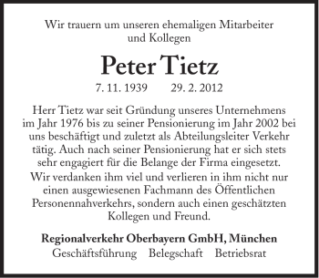 Traueranzeige von Peter Tietz von Süddeutsche Zeitung