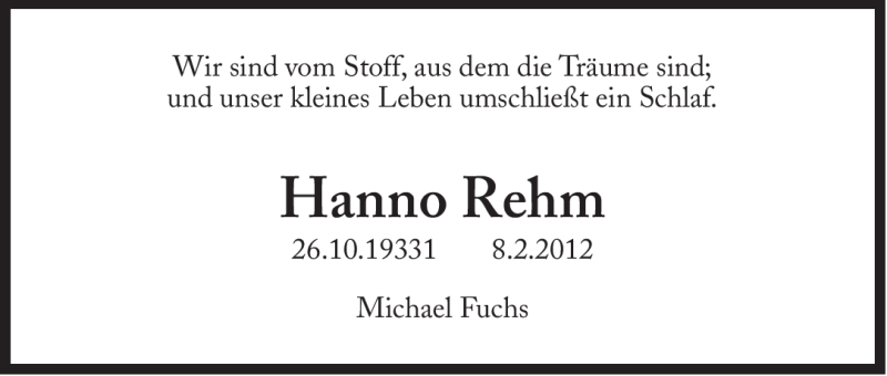  Traueranzeige für Hanno Rehm vom 10.03.2012 aus Süddeutsche Zeitung