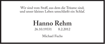 Traueranzeige von Hanno Rehm von Süddeutsche Zeitung