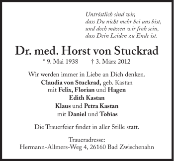 Traueranzeige von Horst von Stuckrad von Süddeutsche Zeitung