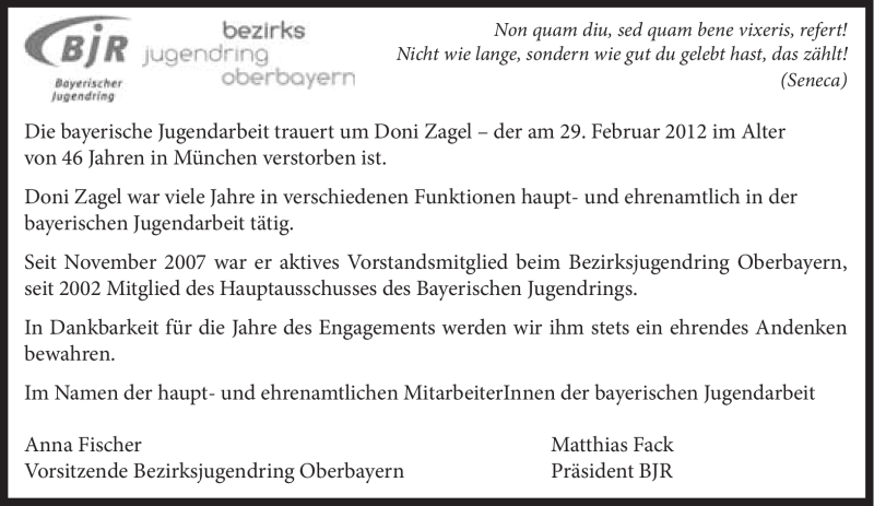 Traueranzeige für Doni Zagel vom 10.03.2012 aus Süddeutsche Zeitung