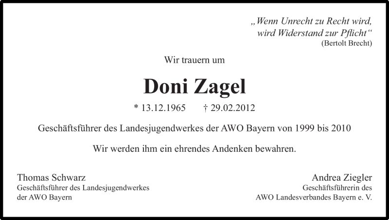  Traueranzeige für Doni Zagel vom 09.03.2012 aus Süddeutsche Zeitung