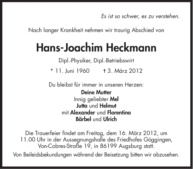  Traueranzeige für Hans-Joachim Heckmann vom 13.03.2012 aus Süddeutsche Zeitung