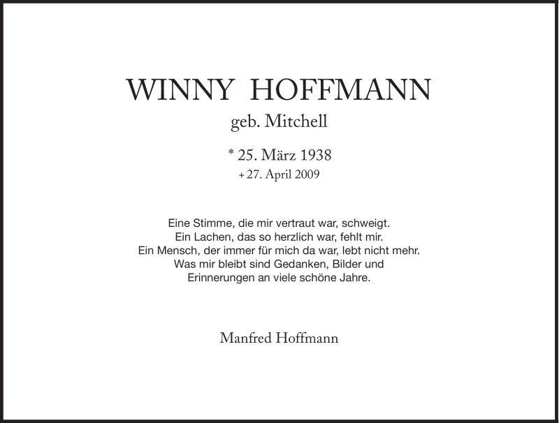  Traueranzeige für Winny Hoffmann vom 24.03.2012 aus Süddeutsche Zeitung