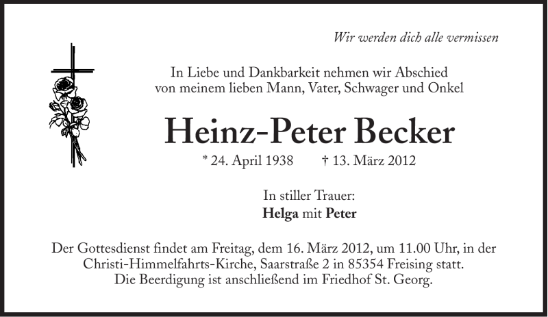  Traueranzeige für Heinz-Peter Becker vom 14.03.2012 aus Süddeutsche Zeitung