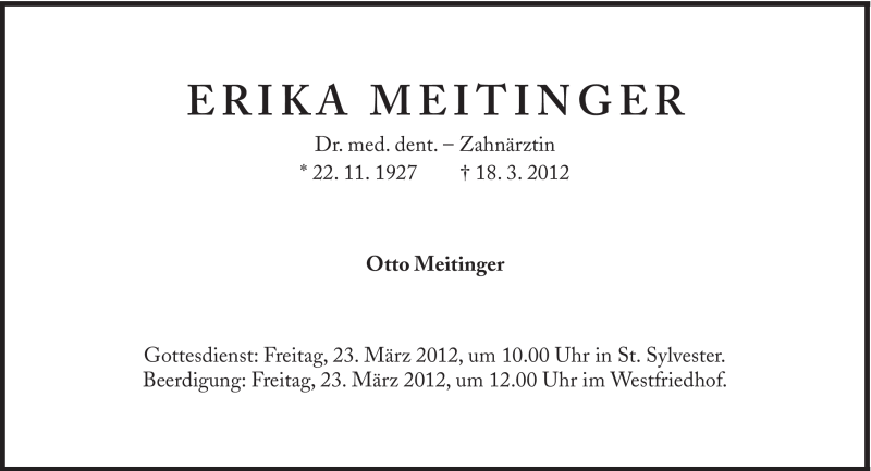  Traueranzeige für Erika Meitinger vom 21.03.2012 aus Süddeutsche Zeitung