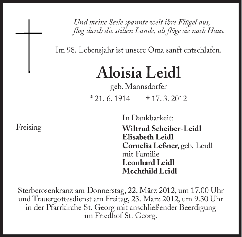  Traueranzeige für Aloisia Leidl vom 20.03.2012 aus Süddeutsche Zeitung