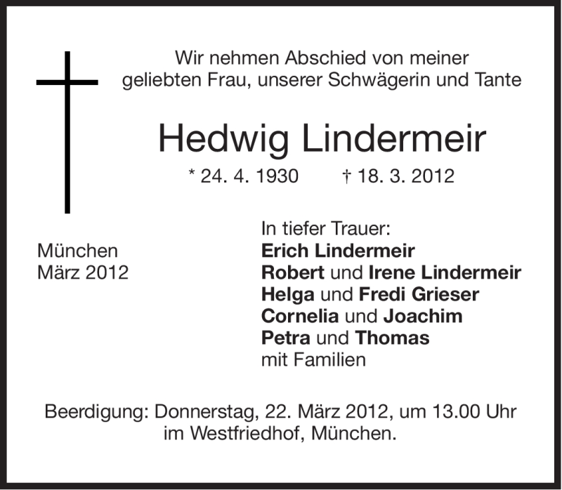  Traueranzeige für Hedwig Lindermeir vom 21.03.2012 aus Süddeutsche Zeitung