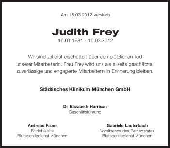 Traueranzeige von Judith Frey von Süddeutsche Zeitung