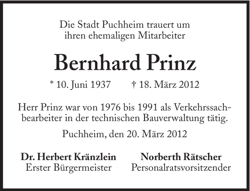  Traueranzeige für Bernhard Prinz vom 21.03.2012 aus Süddeutsche Zeitung