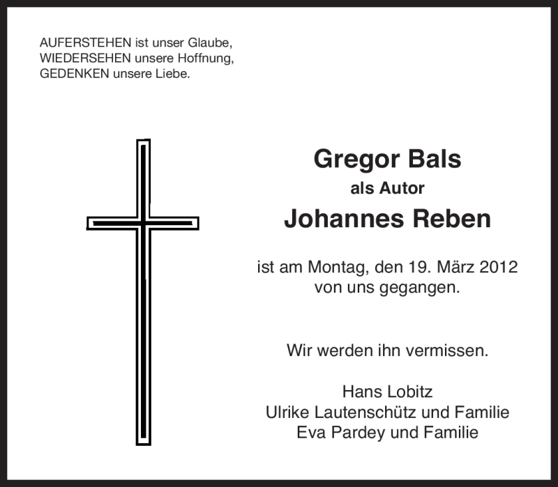  Traueranzeige für Gregor Bals vom 24.03.2012 aus Süddeutsche Zeitung