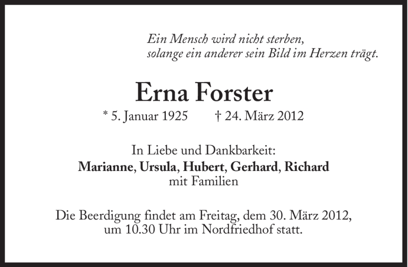  Traueranzeige für Erna Forster vom 28.03.2012 aus Süddeutsche Zeitung