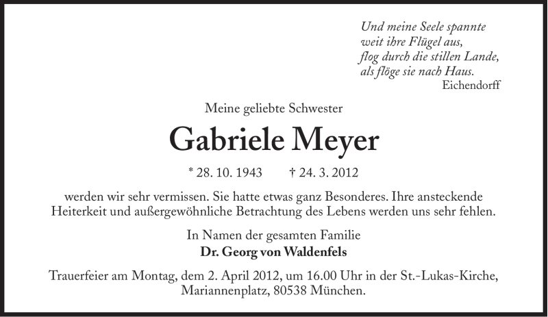  Traueranzeige für Gabriele Meyer vom 28.03.2012 aus Süddeutsche Zeitung