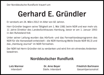Traueranzeige von Gerhard Gründler von Süddeutsche Zeitung