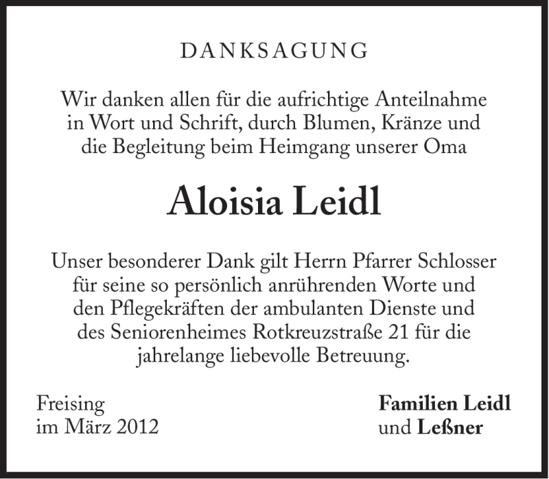  Traueranzeige für Aloisia Leidl vom 31.03.2012 aus Süddeutsche Zeitung