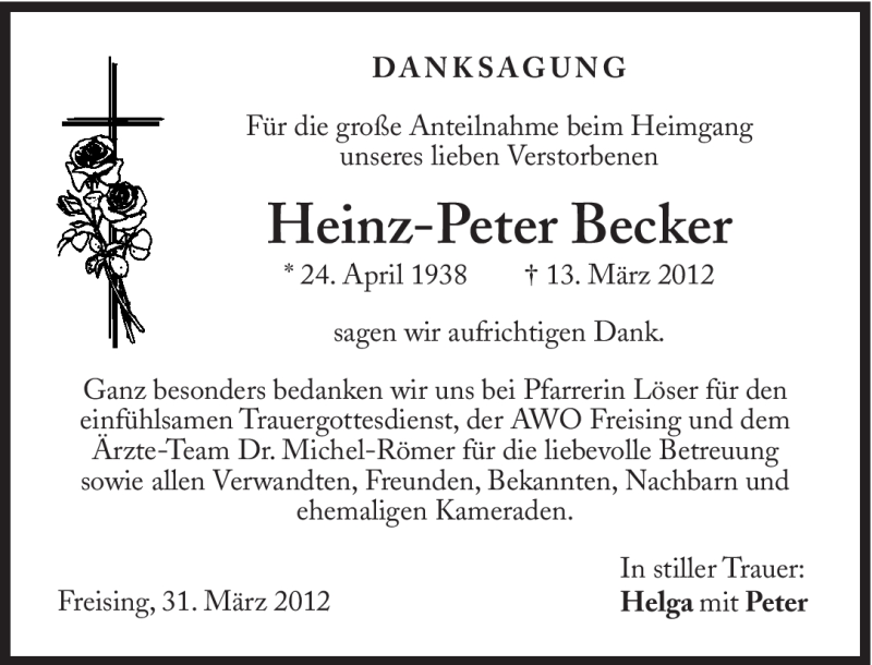  Traueranzeige für Heinz-Peter Becker vom 31.03.2012 aus Süddeutsche Zeitung