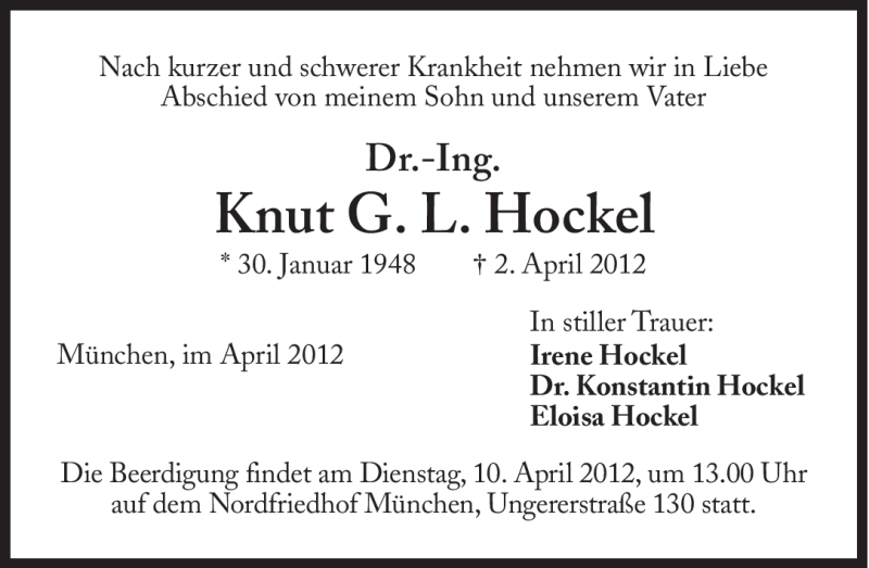  Traueranzeige für Knut G. L. Hockel vom 07.04.2012 aus Süddeutsche Zeitung