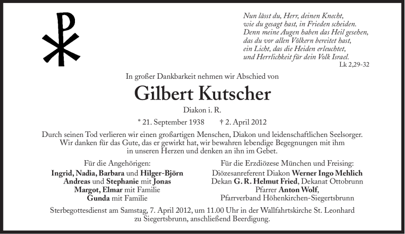 Traueranzeige für Gilbert Kutscher vom 05.04.2012 aus Süddeutsche Zeitung