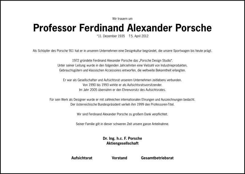  Traueranzeige für Ferdinand Alexander Porsche vom 07.04.2012 aus Süddeutsche Zeitung