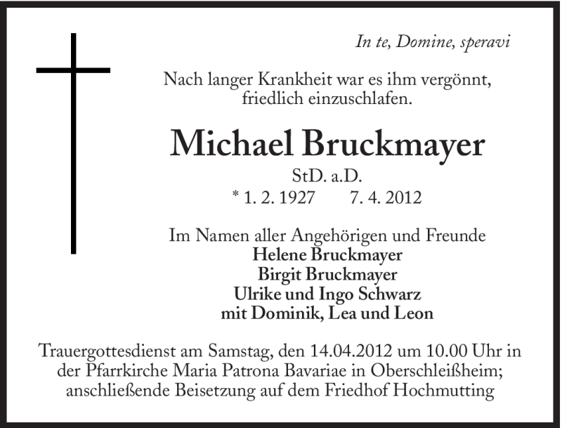  Traueranzeige für Michael Bruckmayer vom 11.04.2012 aus Süddeutsche Zeitung