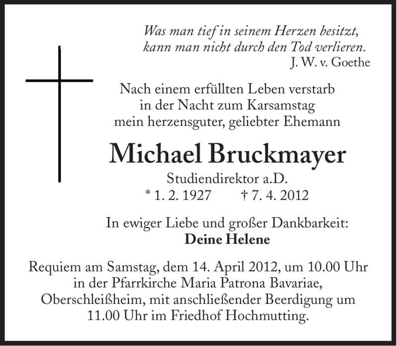  Traueranzeige für Michael Bruckmayer vom 12.04.2012 aus Süddeutsche Zeitung