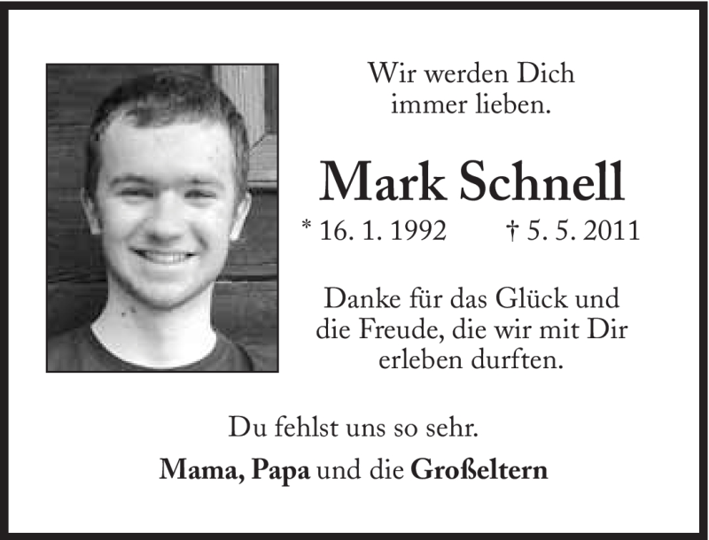  Traueranzeige für Mark Schnell vom 05.05.2012 aus Süddeutsche Zeitung