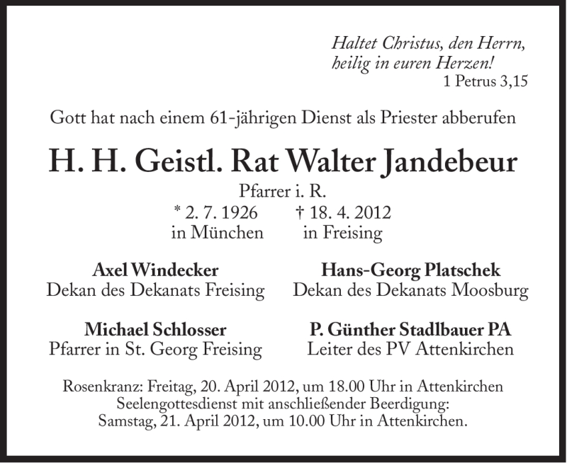  Traueranzeige für Walter Jandebeur vom 20.04.2012 aus Süddeutsche Zeitung