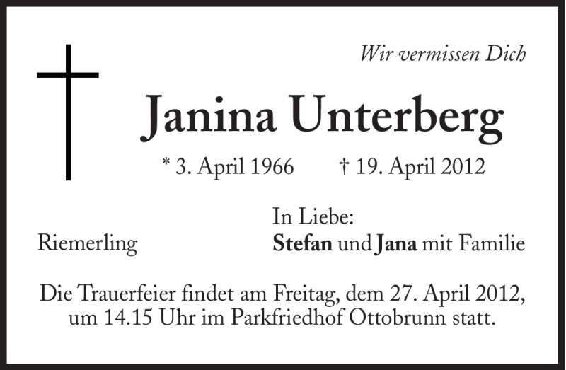  Traueranzeige für Janina Unterberg vom 21.04.2012 aus Süddeutsche Zeitung