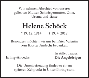 Traueranzeige von Helene Schöck von Süddeutsche Zeitung