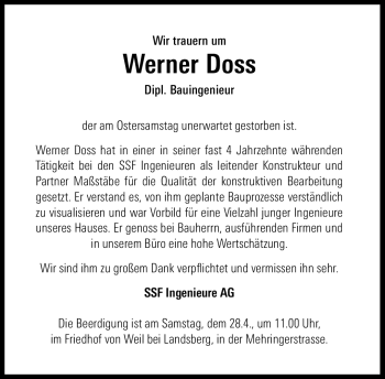 Traueranzeige von Werner Doss von Süddeutsche Zeitung